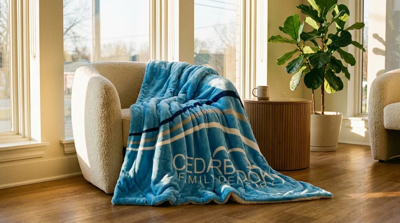 Practice-branded plush blanket draped over an armchair in a sunlit waiting room