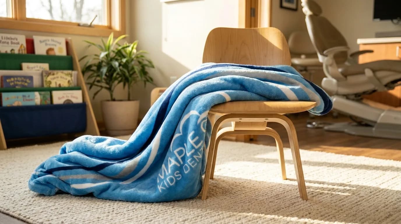 Kids' reading corner with a practice-branded plush blanket draped over a child-size chair