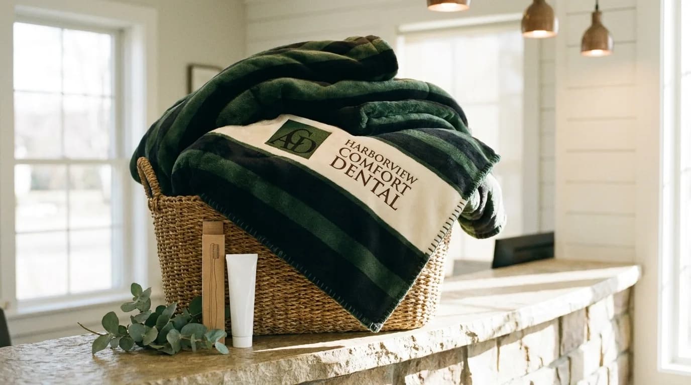 Wicker welcome basket of plaid plush blankets with a woven practice patch on the reception desk