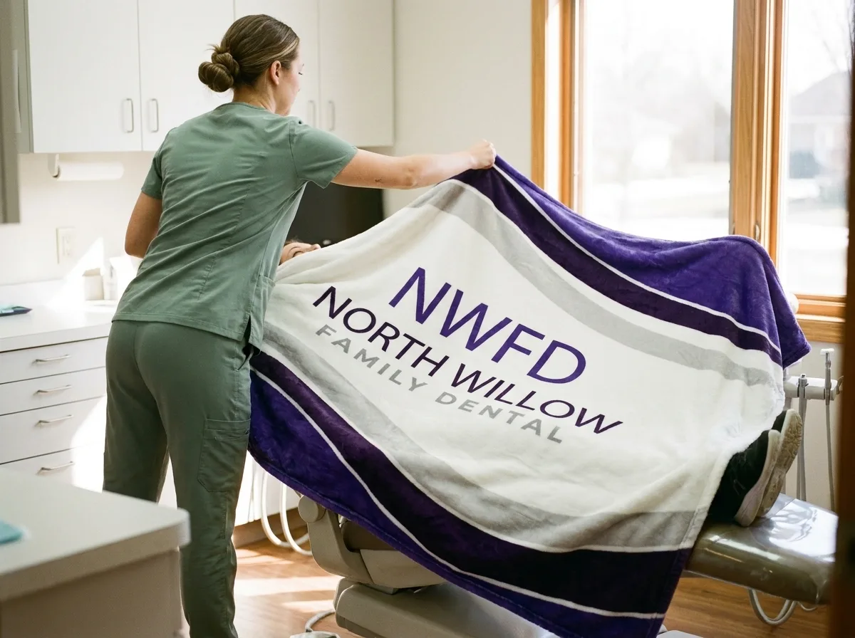 Hygienist spreading a purple practice-logo plush blanket over the dental chair before an appointment