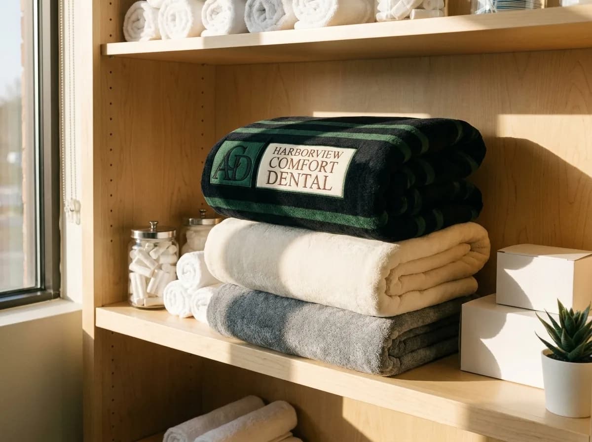 Freshly laundered practice blankets folded on the operatory supply shelf