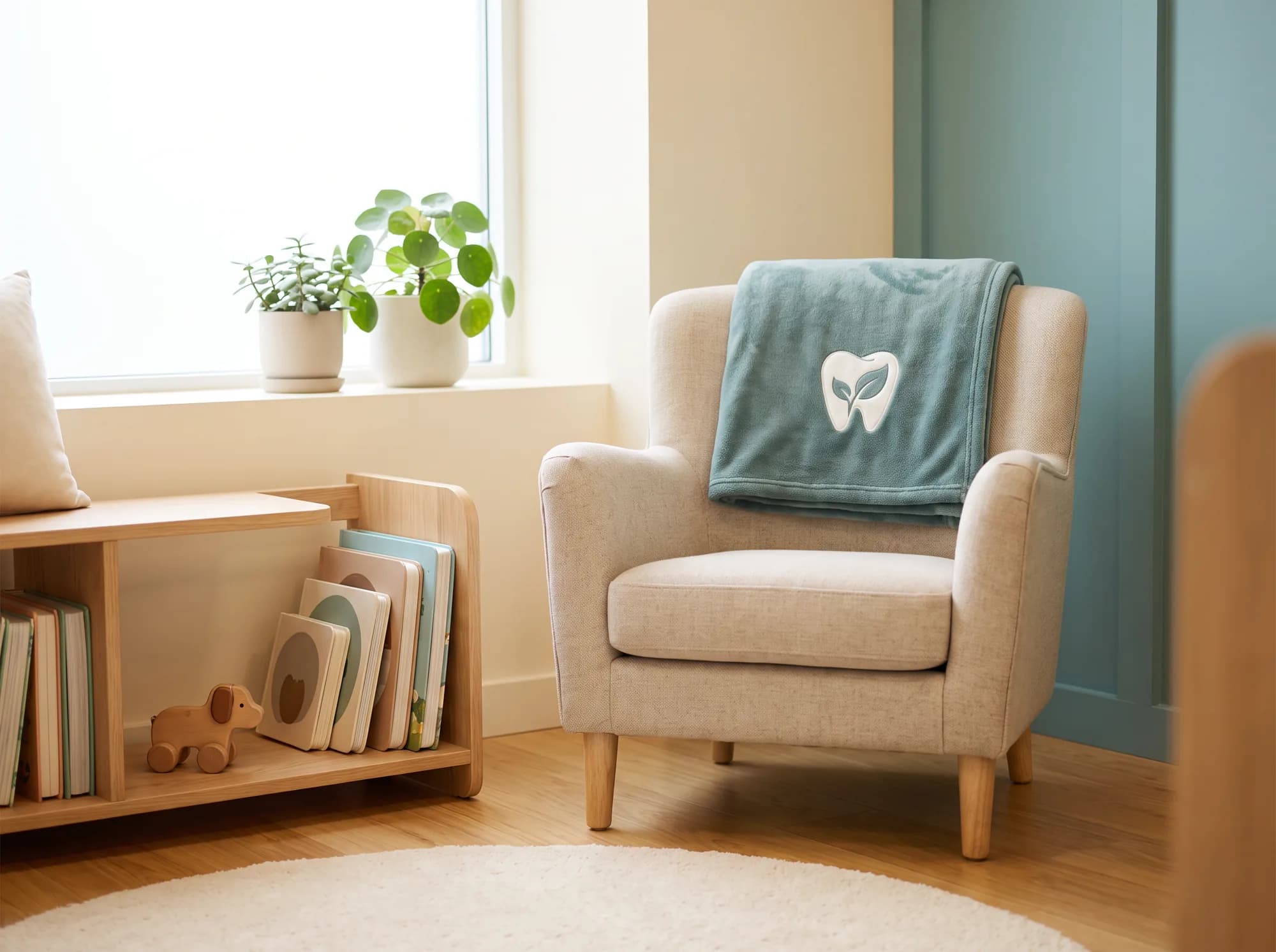 Kids' reading corner in a dental office with a practice-branded plush blanket over a child-size chair