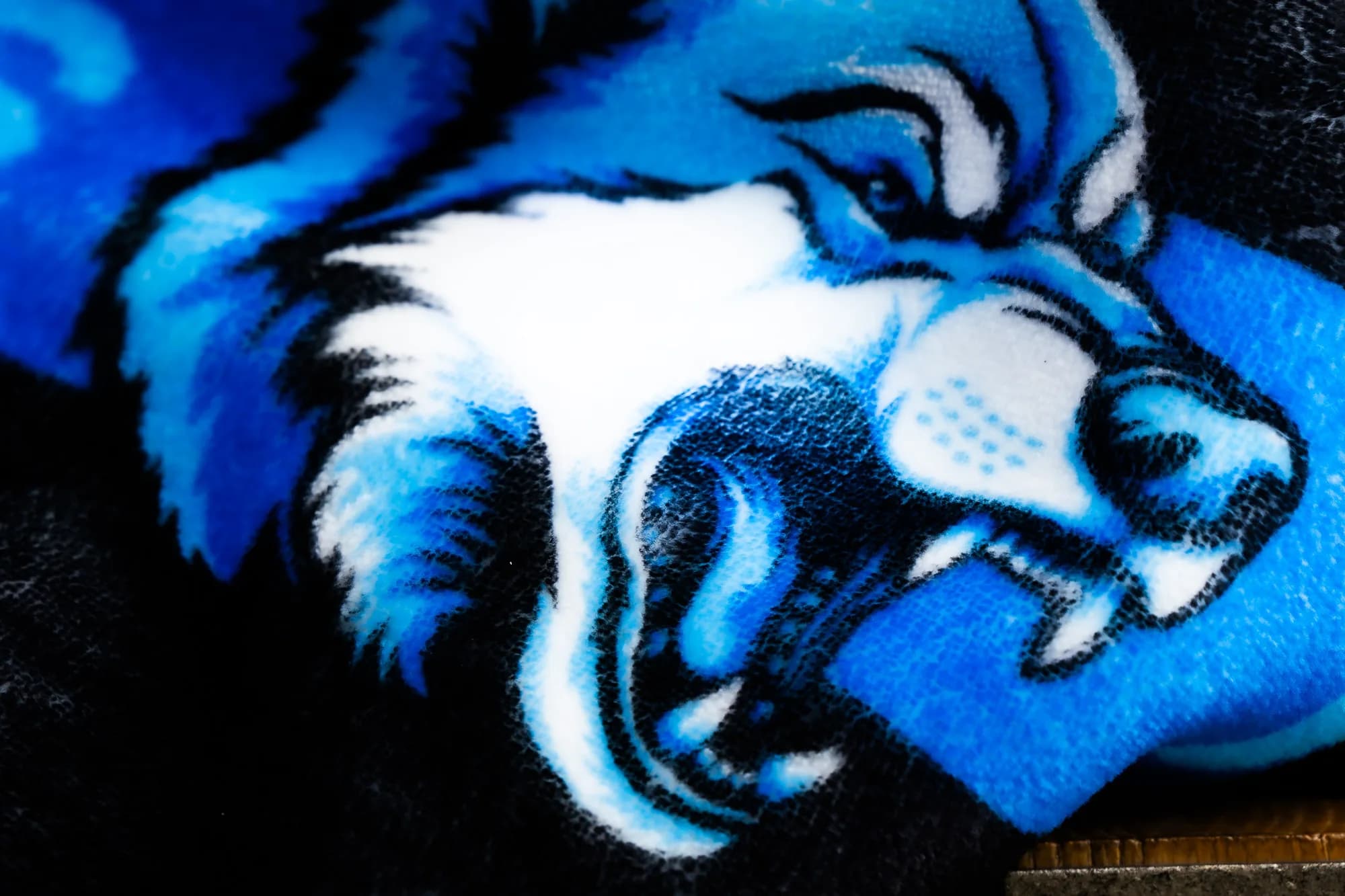 Close-up of a practice logo printed crisply into dense plush fabric