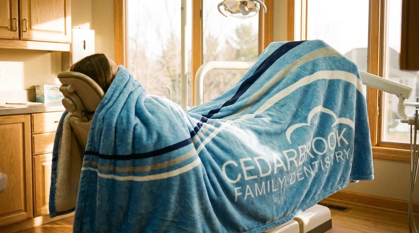 Patient reclining in the dental chair under a blue practice-branded plush blanket