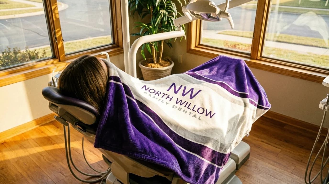 Patient resting under a purple practice-branded blanket in a dental chair by the windows